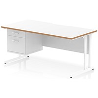 Oslo 1600 Scalloped and Wood Edge Rectangular Desk, Cantilever Legs, White, With 2 Drawer Fixed Pedestal