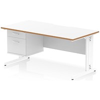 Oslo 1600 Scalloped and Wood Edge Rectangular Desk, Cable Managed Legs, White, With 2 Drawer Fixed Pedestal