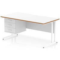 Oslo 1600 Scalloped and Wood Edge Rectangular Desk, Cantilever Legs, White, With 3 Drawer Fixed Pedestal