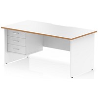 Oslo 1600 Scalloped and Wood Edge Rectangular Desk, Panel End Legs, White, With 3 Drawer Fixed Pedestal