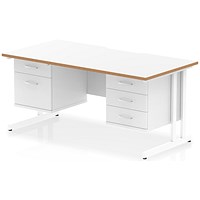 Oslo 1600 Scalloped and Wood Edge Rectangular Desk, Cantilever Legs, White, With 1 x 2 Drawer and 1 x 3 Drawer Fixed PedestalsPed