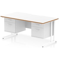 Oslo 1600 Scalloped and Wood Edge Rectangular Desk, Cantilever Legs, White, With 2 x 2 Drawer Fixed Pedestals