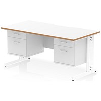 Oslo 1600 Scalloped and Wood Edge Rectangular Desk, Cable Managed Legs, White, With 2 x 2 Drawer Fixed Pedestals