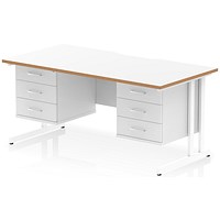 Oslo 1600 Scalloped and Wood Edge Rectangular Desk, Cantilever Legs, White, With 2 x 3 Drawer Fixed Pedestals