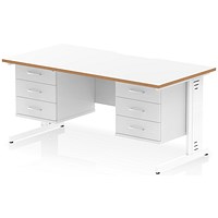 Oslo 1600 Scalloped and Wood Edge Rectangular Desk, Cable Managed Legs, White, With 2 x 3 Drawer Fixed Pedestals