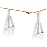 Oslo 1400mm Height Adjustable Desk, Natural Wood Edge, White Frame with Piste Foot, White