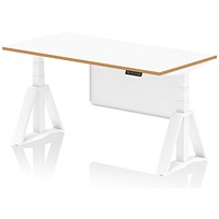 Oslo 1600mm Height Adjustable Desk, Natural Wood Edge, White Frame with Piste Foot and Modesty Panel, White
