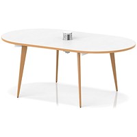 Oslo Volta 1800mm Oval Boardroom Table With Pop-up Power Module White Top Natural Wood Edge With Wooden Splayed Leg