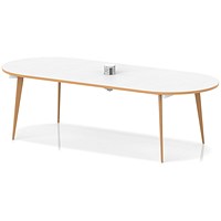 Oslo Volta 2400mm Oval Boardroom Table With Pop-up Power Module White Top Natural Wood Edge With Wooden Splayed Leg