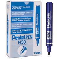 Pentel N50 Permanent Marker, Bullet Tip, Blue, Pack of 12