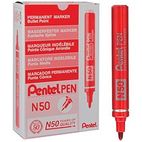 Pentel N50 Permanent Marker, Bullet Tip, Red, Pack of 12