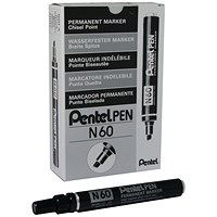 Pentel N60 Permanent Marker, Chisel Tip, Black, Pack of 12