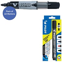 Pilot V-Board Master, Bullet Tip, Medium, Black, Pack of 10 - Get Free Pilot 100 Permanent Markers Assorted Pack of 4