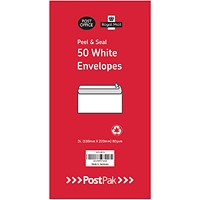 Postpak DL Envelopes, Peel and Seal, 80gsm, White, 10 Packs of 50