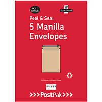 Postpak C5 Envelopes, Peel and Seal, 115gsm, Manilla, 40 Packs of 5