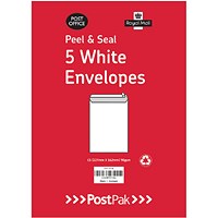 Postpak C5 Envelopes, Peel and Seal, 90gsm, White, 40 Packs of 5