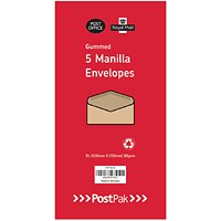 Postpak DL Envelopes, Gummed, 70gsm, Manilla, 5 Packs of 50