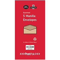 Postpak DL Gummed Manilla 70gsm 50 Envelopes (Pack of 5)