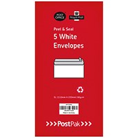 Postpak DL Envelopes, Peel and Seal, 80gsm, White, 5 Packs of 50