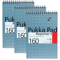 Pukka Pad Reporters Wirebound Notebook, 205x140mm, Ruled & Perforated, 160 Pages, Blue, Pack of 3