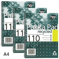 Pukka Pad Recycled Wirebound Notebook, A4, 4 Holes, Ruled & Perforated, 110 Pages, Pack of 3
