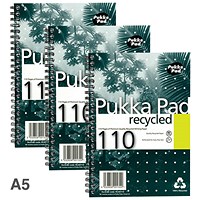 Pukka Pad Recycled Wirebound Notebook, A5, Ruled & Perforated, 110 Pages, Green, Pack of 3