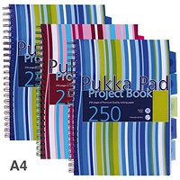 Pukka Pad Project Wirebound Project Book, A4, Ruled & Perforated, 250 Pages, Assorted Colours, Pack of 3