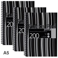 Pukka Pad Jotta Wirebound Notebook, A5, Perforated & Ruled, 200 Pages, Black, Pack of 3