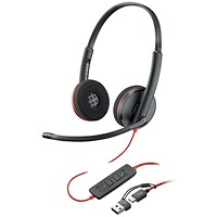 POLY Blackwire 3220 Stereo USB-C Black Headset +USB-C/A Adapter Bulk 8X2J9A6