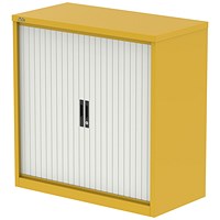 Qube 1000mm Side Tambour Cupboard Lemon Yellow And Satin White With Shelves