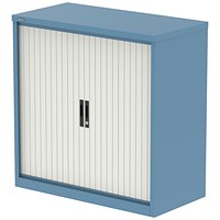 Qube 1000mm Side Tambour Cupboard Pastel Blue And Satin White With Shelves