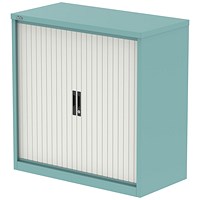 Qube 1000mm Side Tambour Cupboard Pastel Turquoise And Satin White With Shelves
