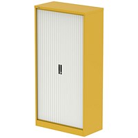 Qube 2000mm Side Tambour Cupboard Lemon Yellow And Satin White With Shelves