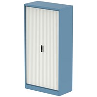 Qube 2000mm Side Tambour Cupboard Pastel Blue And Satin White With Shelves