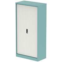 Qube 2000mm Side Tambour Cupboard Pastel Turquoise And Satin White With Shelves