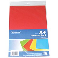 Stephens A4 Coloured Card, Assorted Colours, 210gsm, Pack of 80 Sheets