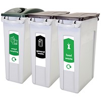 Rubbermaid Slim Jim 3-Stream Recycling Station, General Waste/Mixed Recycling/Food Waste, 3 x 87 Litres, Grey