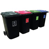 Wheelie Bins With Colour Coded Lids and Recycling Stickers, 240 Litre, Set of 4