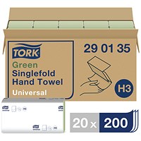 Tork H3 1-Ply Recycled Singlefold Hand Towels , Green, Pack of 4000