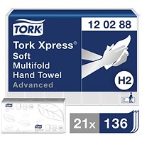 Tork H2 Xpress 2-Ply Multifold Hand Towels, White, Pack of 2856