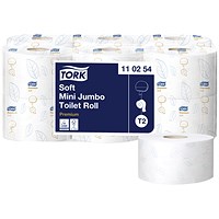 Tork Premium Mini Jumbo Toilet Roll, Embossed, 2-ply, White, Pack of 12