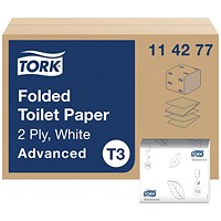 Tork T3 Folded Toilet Paper, 2-Ply, White, 242 Sheets, Pack of 36