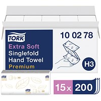 Tork H3 Premium 2-Ply Hand Towels, White, Pack of 3000