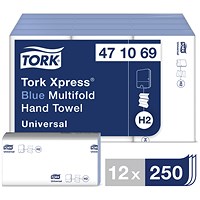 Tork H2 Xpress 1-Ply Multifold Hand Towels, Blue, Pack of 3000