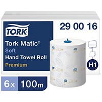 Tork Matic H1 Advanced Hand Towel Rolls, 2-Ply, 100m, White, Pack of 6