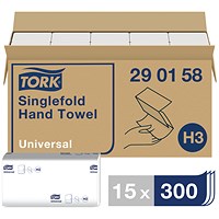 Tork Singlefold Hand Towel H3 White 300 Sheets (Pack of 15) 290158