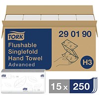 Tork Singlefold Hand Towel H3, Flushable, White, 250 Sheets, Pack of 15