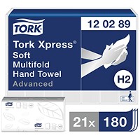 Tork Xpress MultiFold Soft Hand Towels, 2-Ply, White, 21 Stacks of 180 Sheets