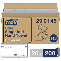 Tork Blue Universal Hand Towels, 1-Ply, 200 Sheets, Pack of 20 Sleeves