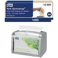 Tork Xpressnap Extra Soft 2-Ply Napkins, 213mmx165mm, Natural, Pack of 1000 - Get Tork Silver Xpressnap Tabletop Napkin Dispenser Free